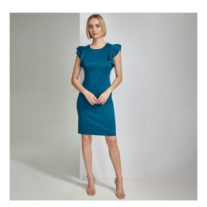 Andrew Marc Ruffle Sleeve Sheath Dress Color: Cypress, Size: 14 EUC